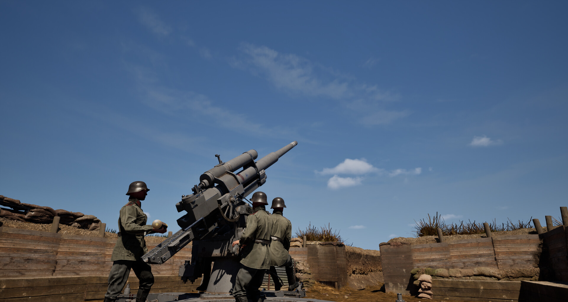 Flak Simulator: a crew operating a WWII anti-aircraft gun in a fortified position